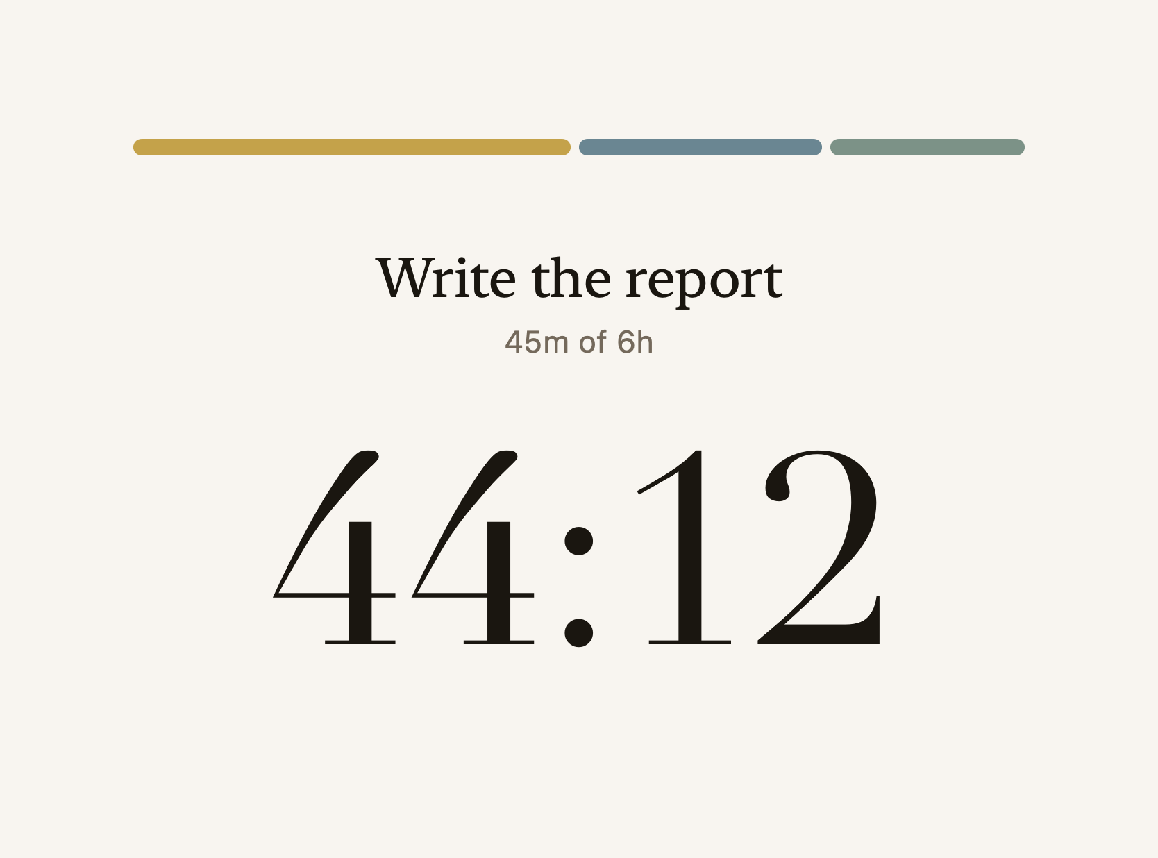 The Now screen mid-sitting: a three-part ribbon for the run, Write the report, 45m of 6h, and a timer at 44:12.